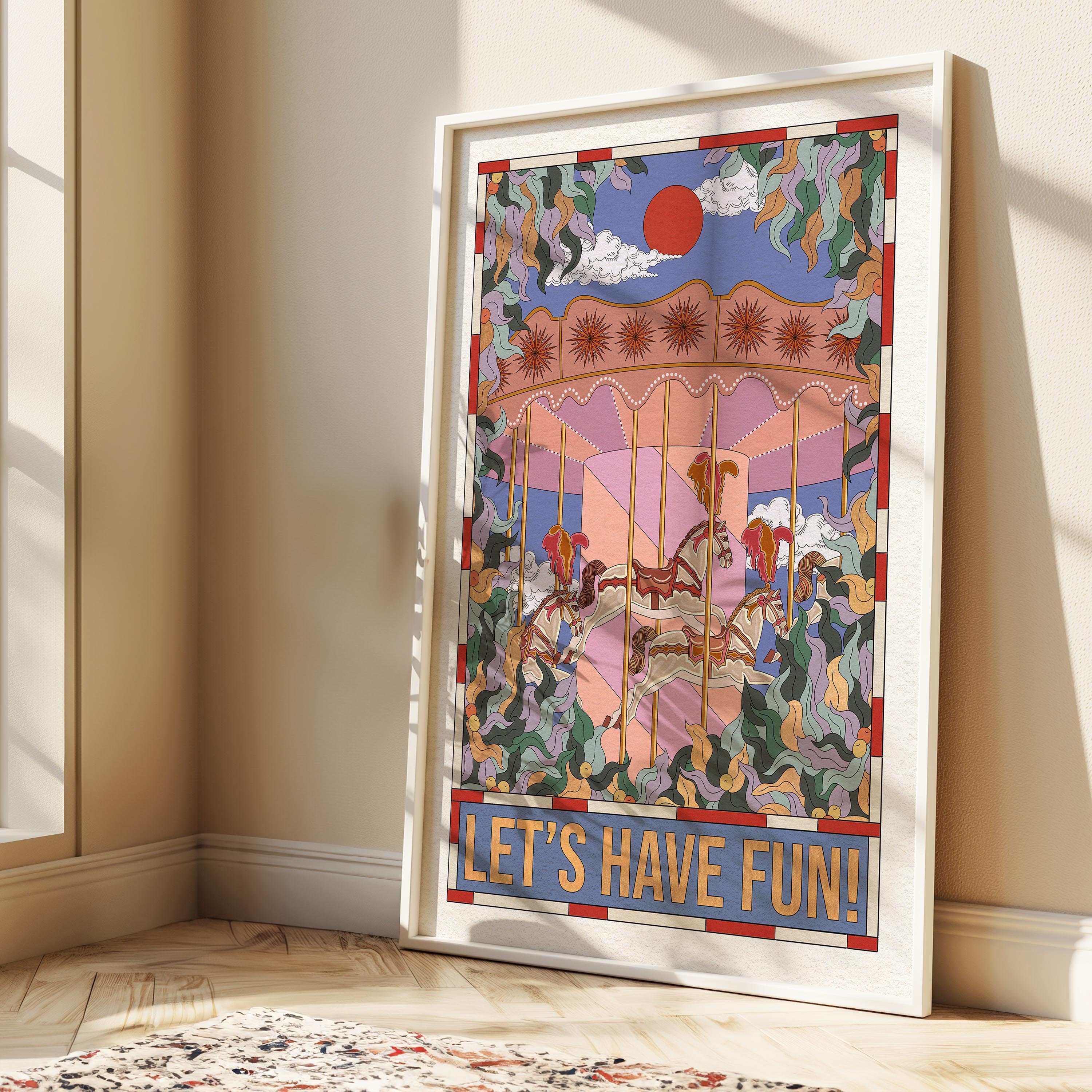 Whimsical horse carousel art print with botanical leaves, clouds, and a bold red sun design. — view 2