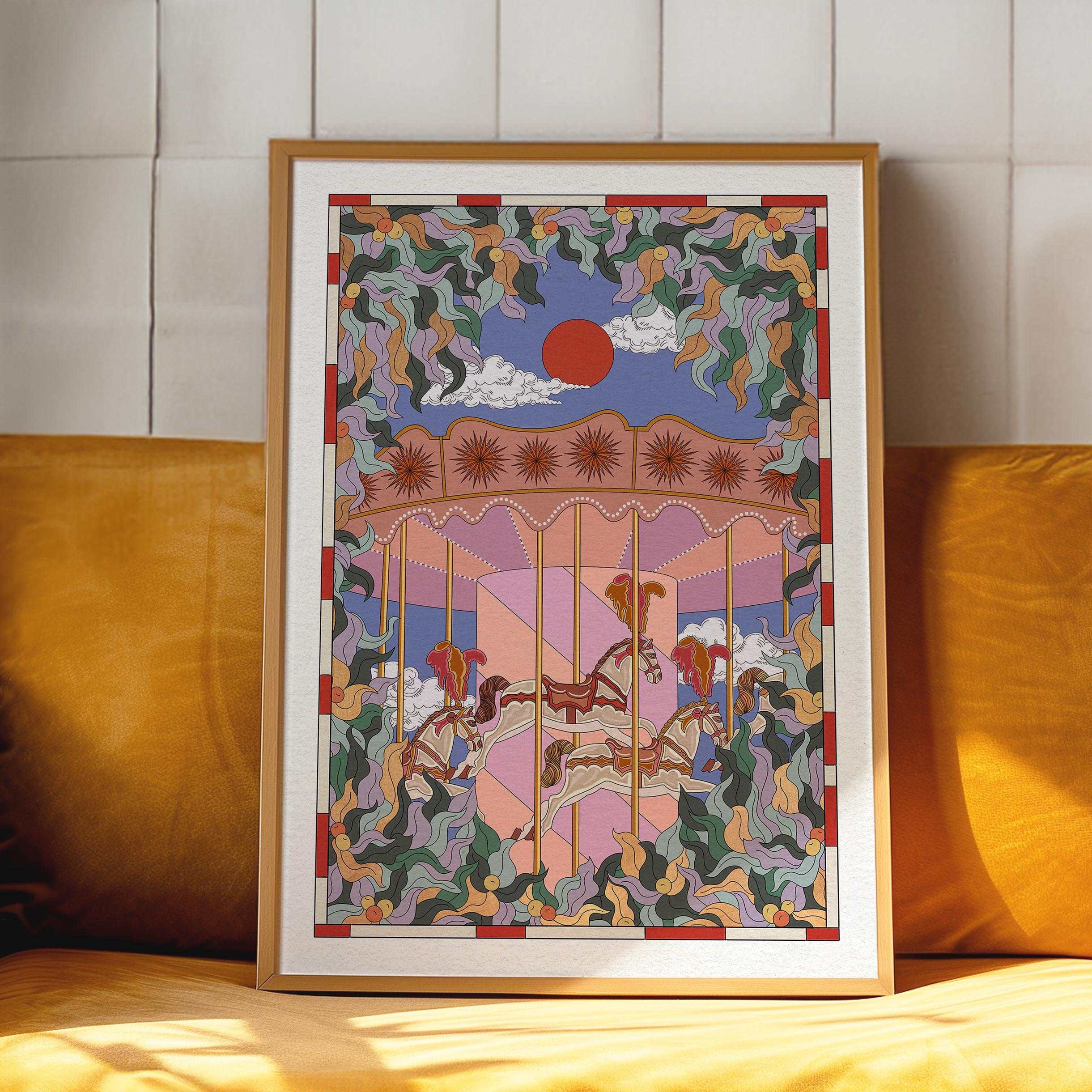 Whimsical horse carousel art print with botanical leaves, clouds, and a bold red sun design. — view 3