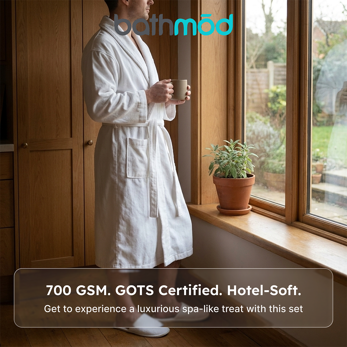 Plush undyed white luxury organic bathrobe and matching slipper set made of thick Turkish cotton — view 5