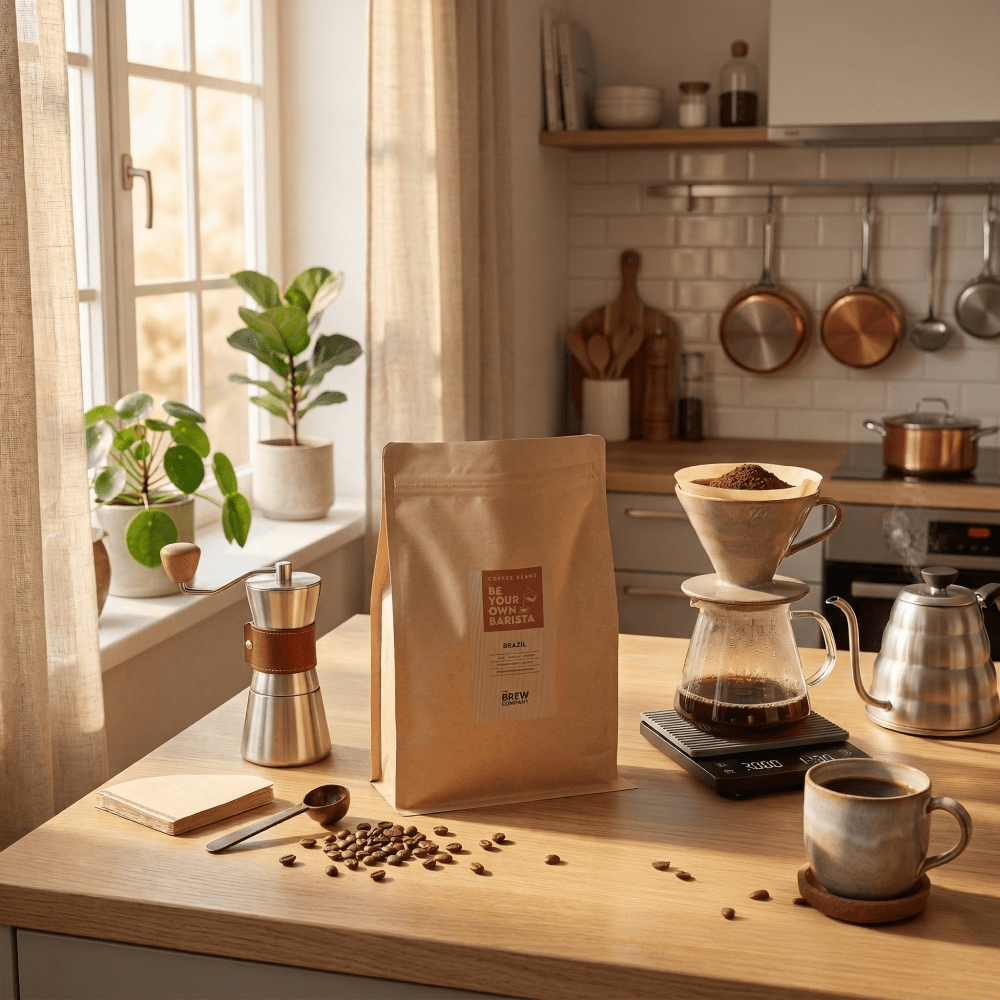 Kraft paper bag of freshly hand roasted Brazil whole coffee beans with a sweet nutty finish — view 4