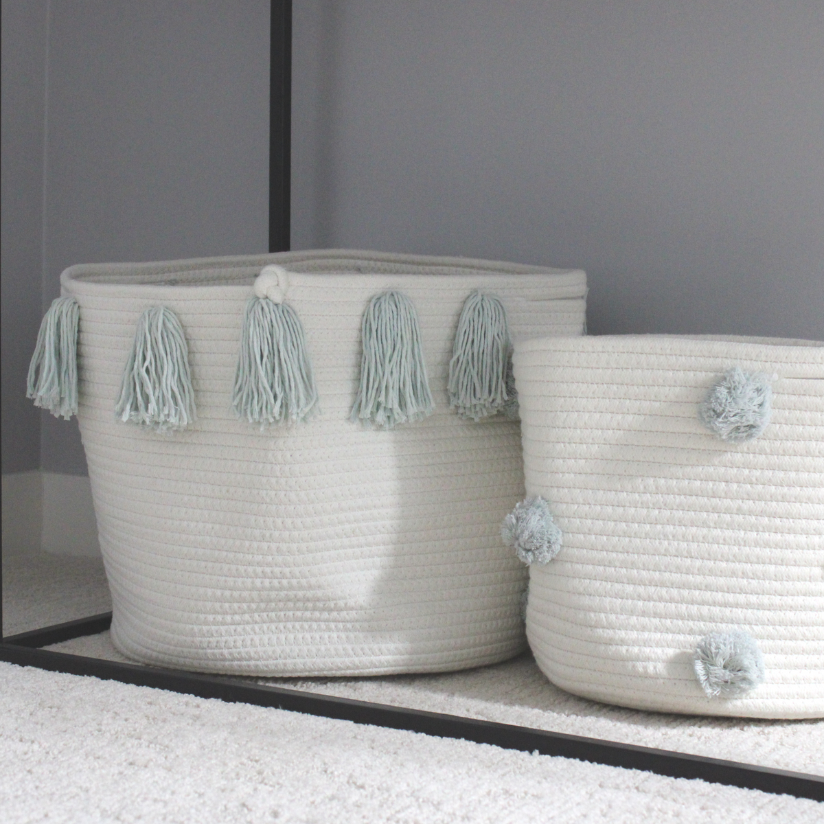 Light Blue Pom Basket - Medium-3