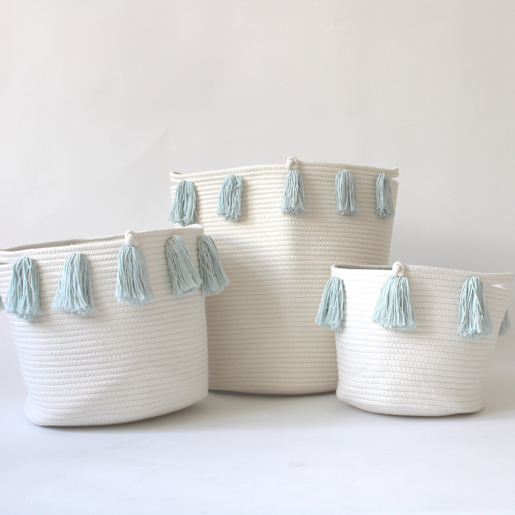 Light Blue Tassel Basket - Medium-2