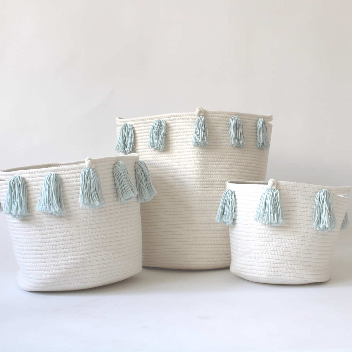 Light Blue Tassel Basket - Medium-2