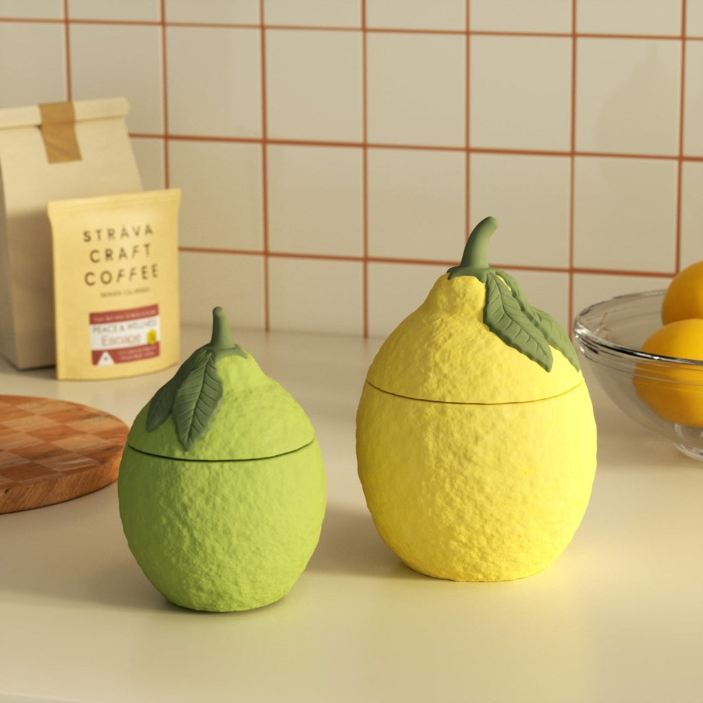 Lemon shaped silicone candle jar mold with lid, showing textured peel and leaf details. — view 2