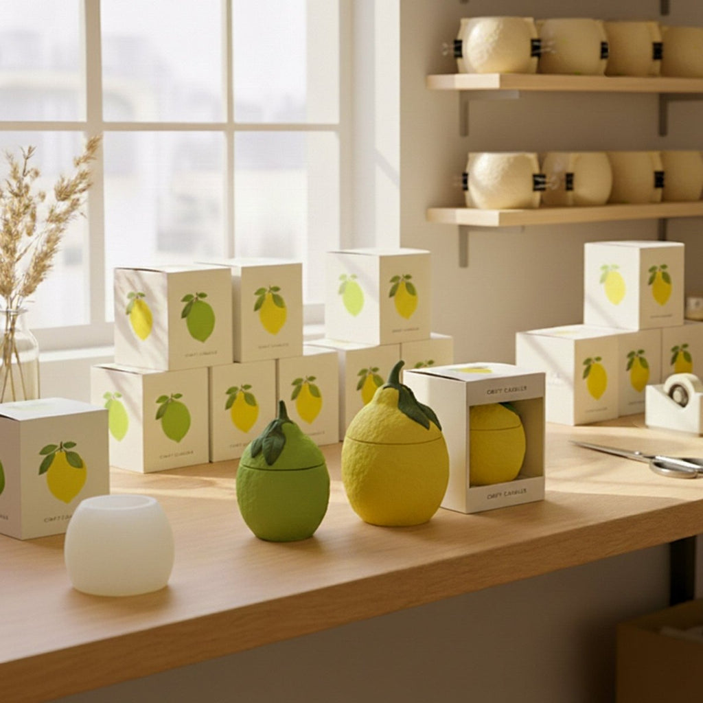 Lemon shaped silicone candle jar mold with lid, showing textured peel and leaf details. — view 4