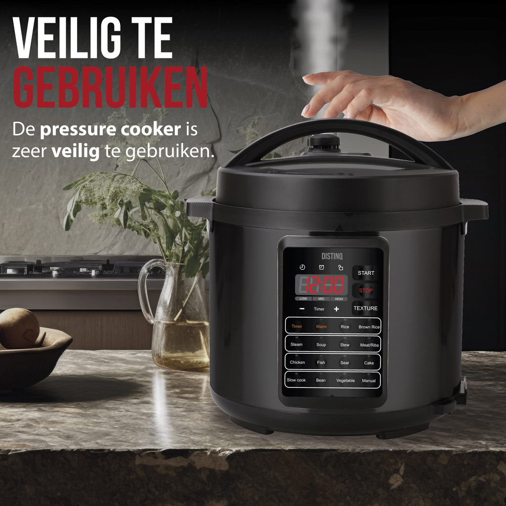 DistinQ 10-in-1 multicooker in stainless steel with digital LED display on kitchen counter. — view 5