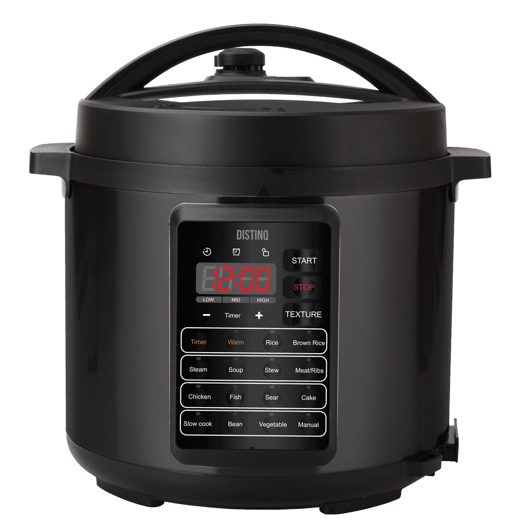 DistinQ 10-in-1 multicooker in stainless steel with digital LED display on kitchen counter.