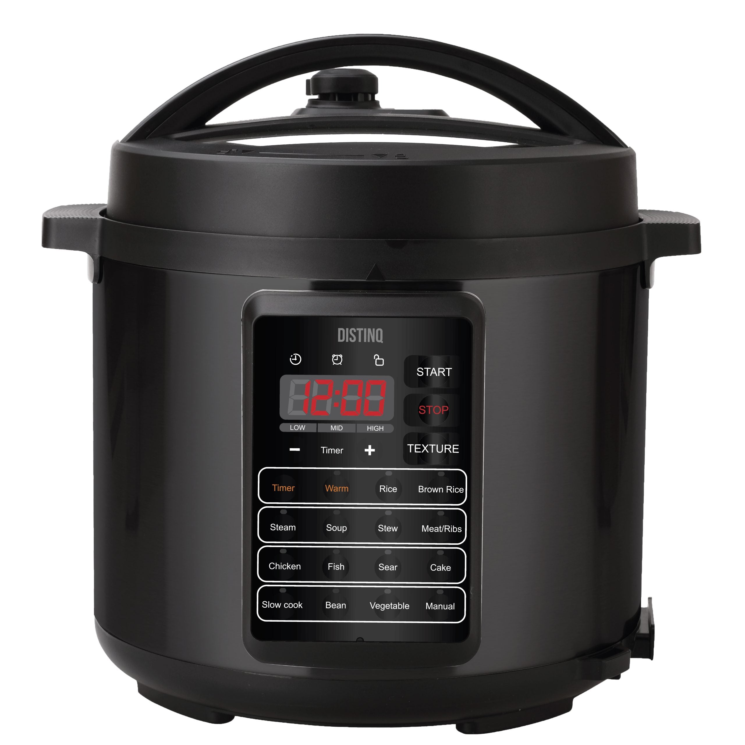 DistinQ 10-in-1 multicooker in stainless steel with digital LED display on kitchen counter.