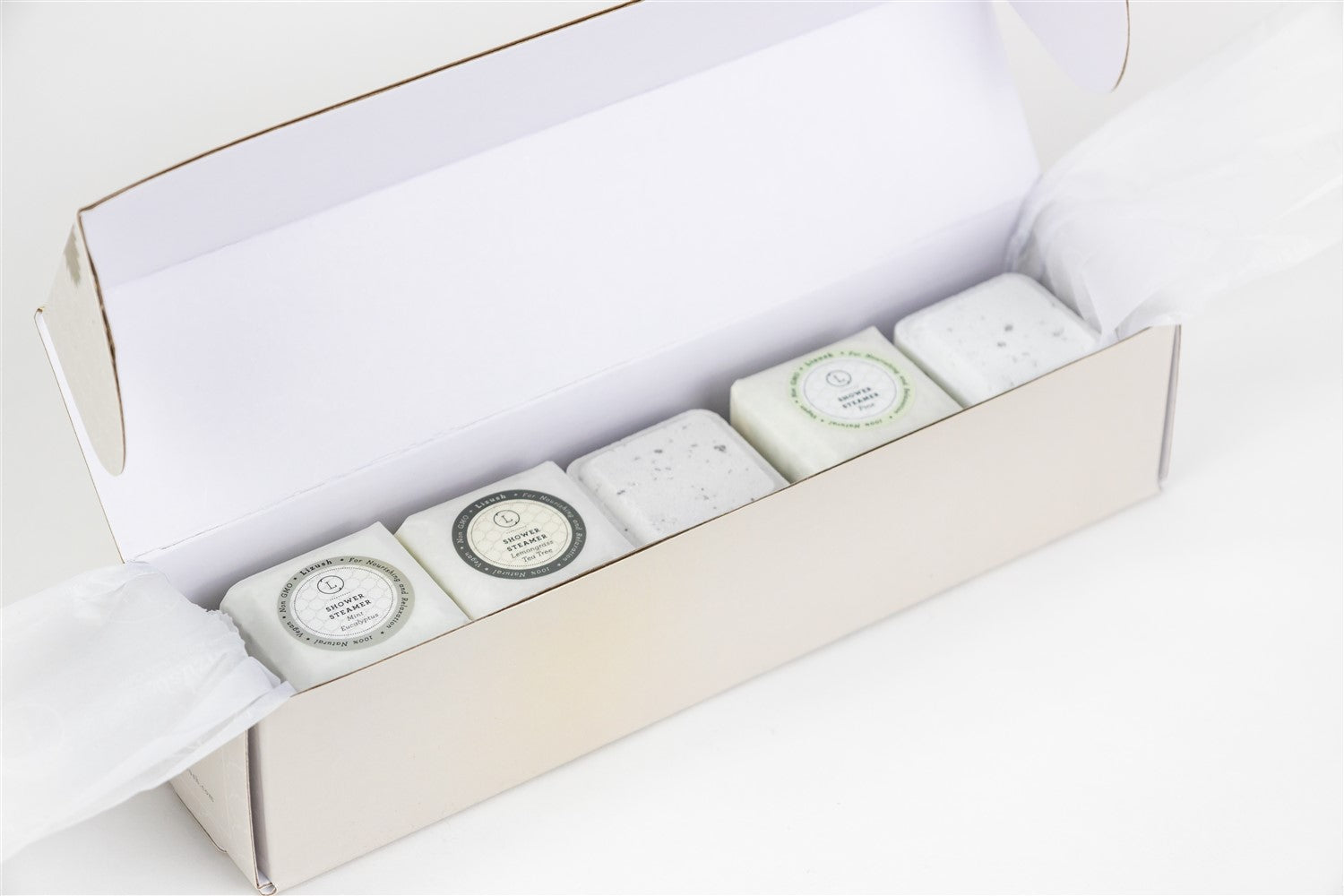 Set of five natural earthy shower steamers arranged in a beautifully packaged gift box — view 4