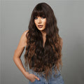 Long curly dark brown to light brown synthetic hair wig with bangs, 75cm length.