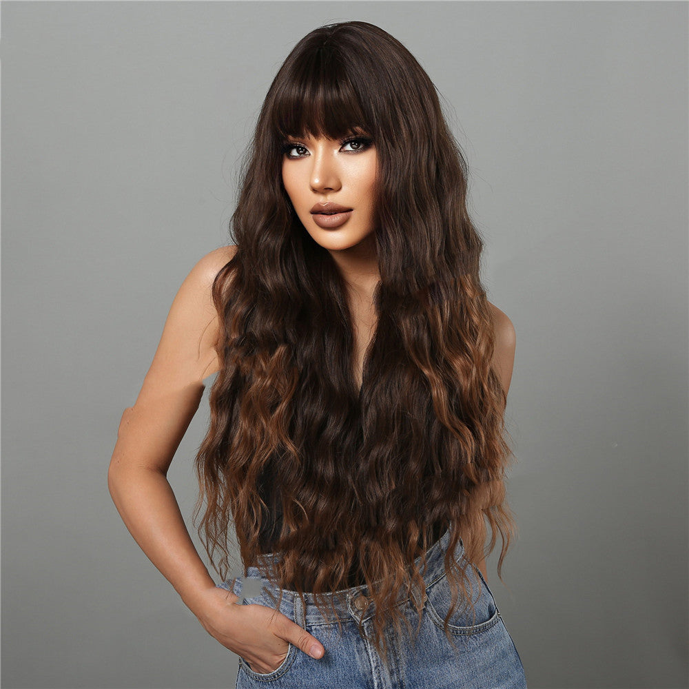 Long curly dark brown to light brown synthetic hair wig with bangs, 75cm length.