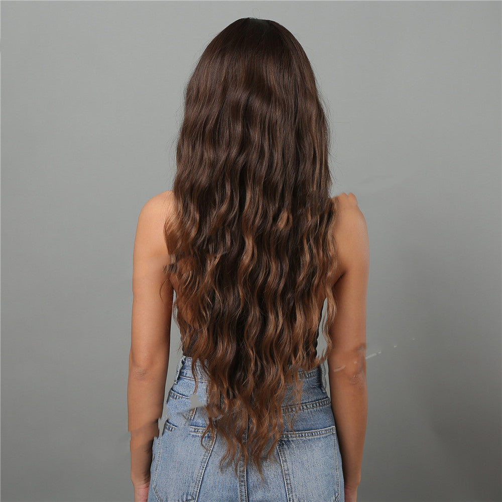 Long curly dark brown to light brown synthetic hair wig with bangs, 75cm length. — view 2