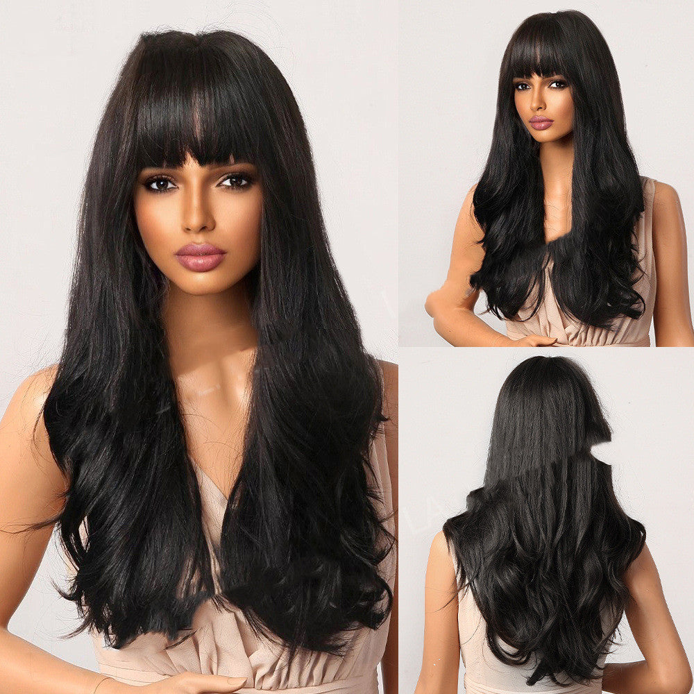 Long curly dark brown to light brown synthetic hair wig with bangs, 75cm length. — view 3