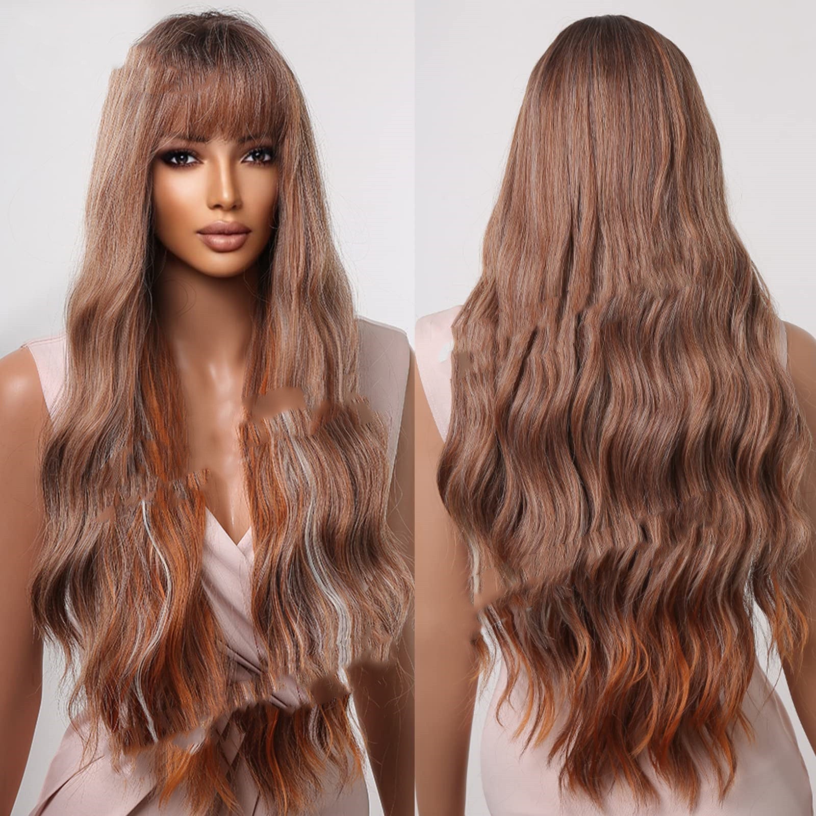 Long curly dark brown to light brown synthetic hair wig with bangs, 75cm length. — view 4