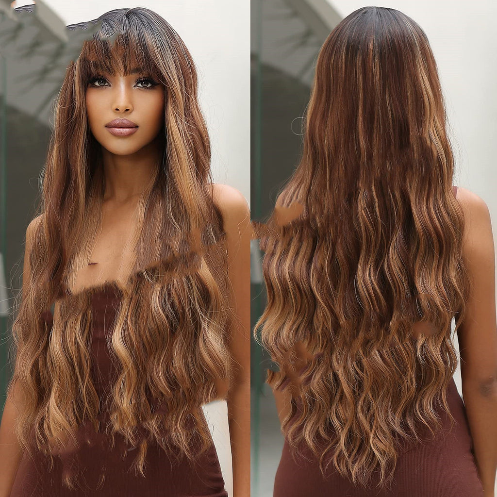 Long curly dark brown to light brown synthetic hair wig with bangs, 75cm length. — view 5