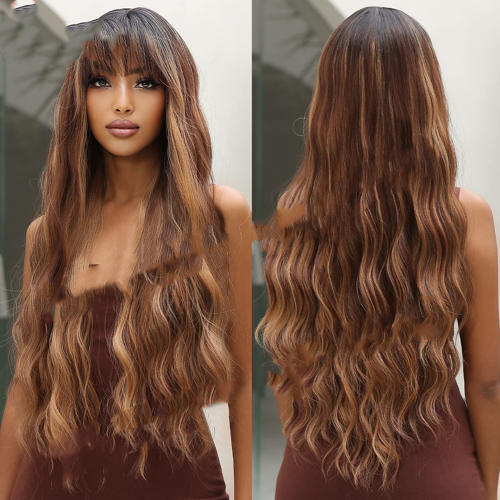 Long curly dark brown to light brown synthetic hair wig with bangs, 75cm length. — view 5