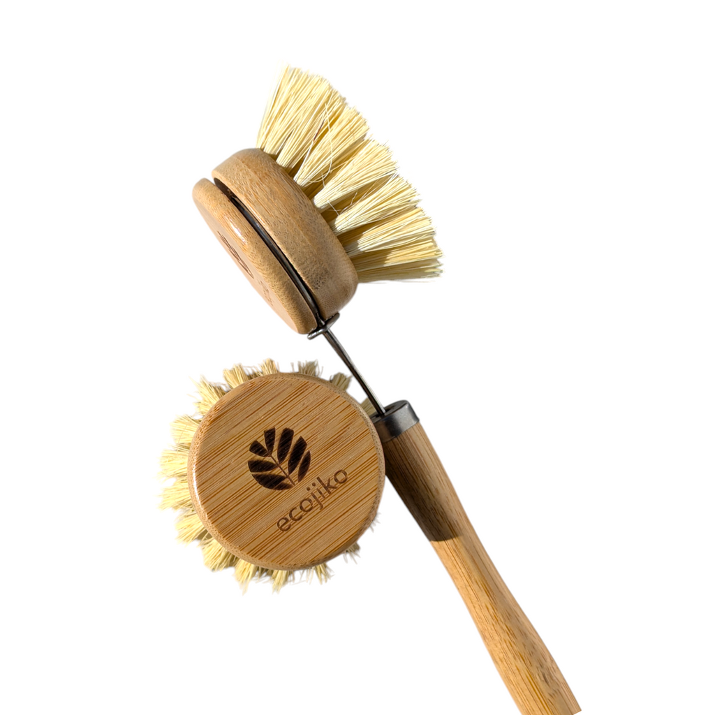 Bamboo dish brush with replaceable natural sisal bristle head and long handle — view 2