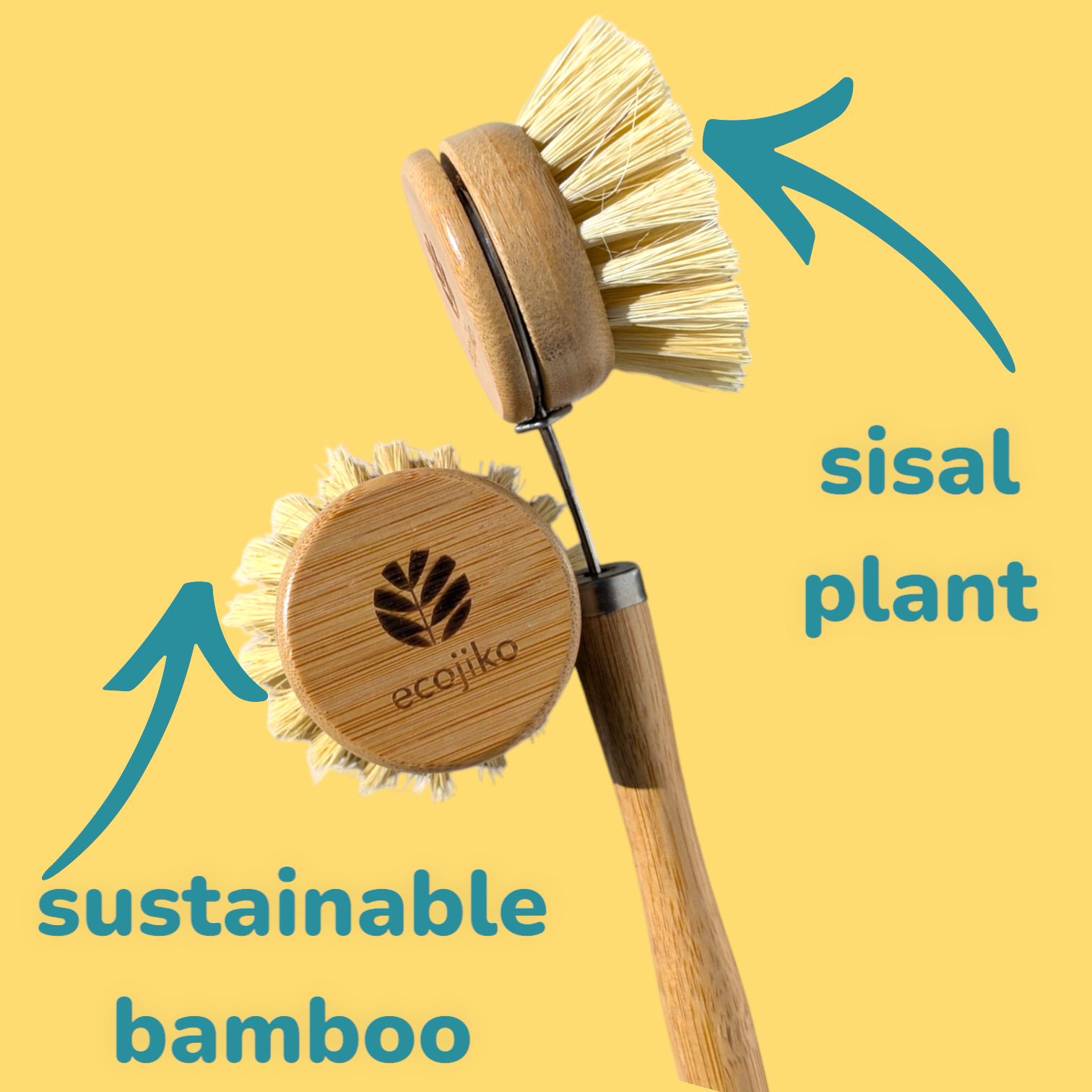Bamboo dish brush with replaceable natural sisal bristle head and long handle — view 3