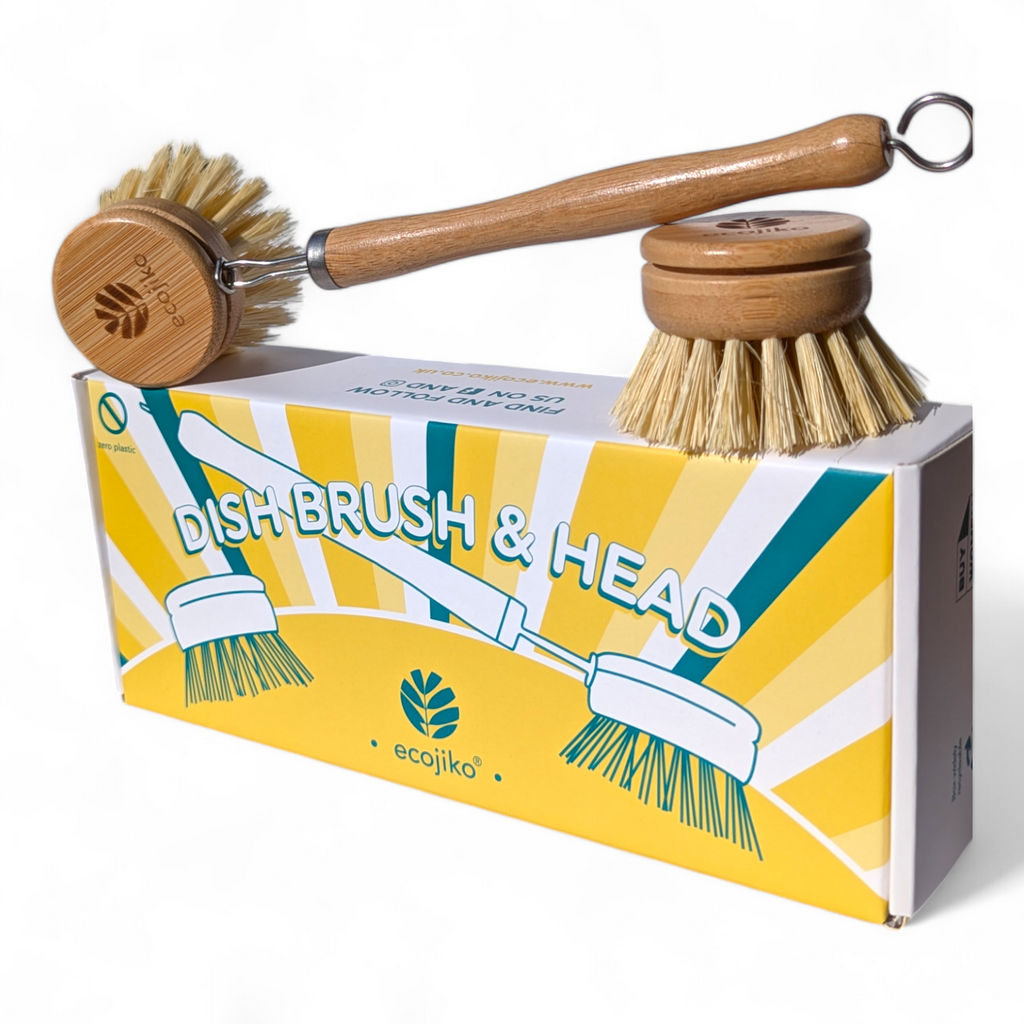 Bamboo dish brush with replaceable natural sisal bristle head and long handle