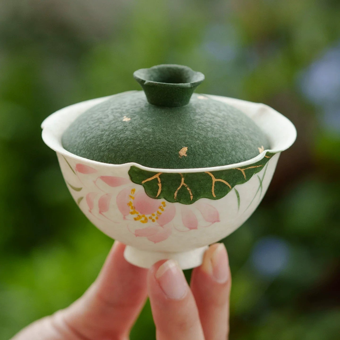 Handmade ceramic gaiwan with green lid and hand-painted pink lotus flower motif — view 3