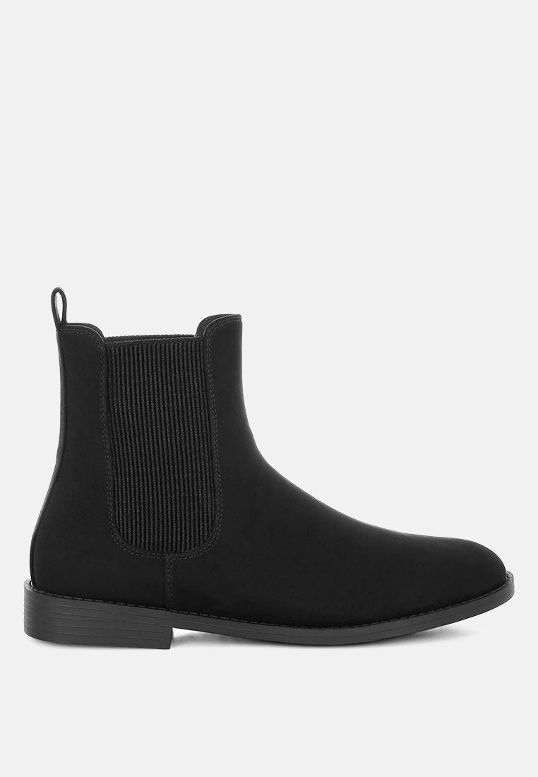 Faux suede low block heel Chelsea boots featuring elastic gussets and convenient pull tabs