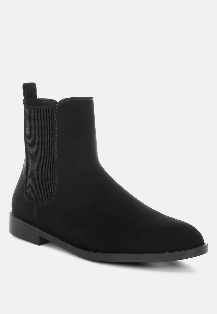 Faux suede low block heel Chelsea boots featuring elastic gussets and convenient pull tabs — view 2