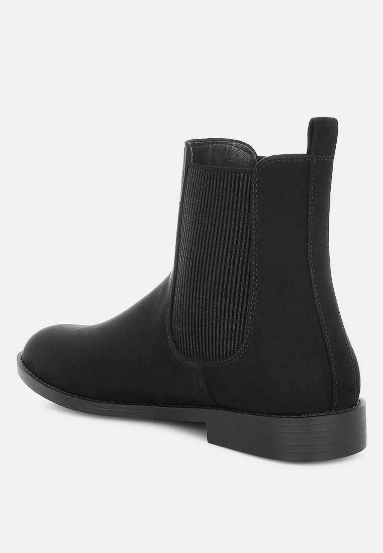 Faux suede low block heel Chelsea boots featuring elastic gussets and convenient pull tabs — view 3