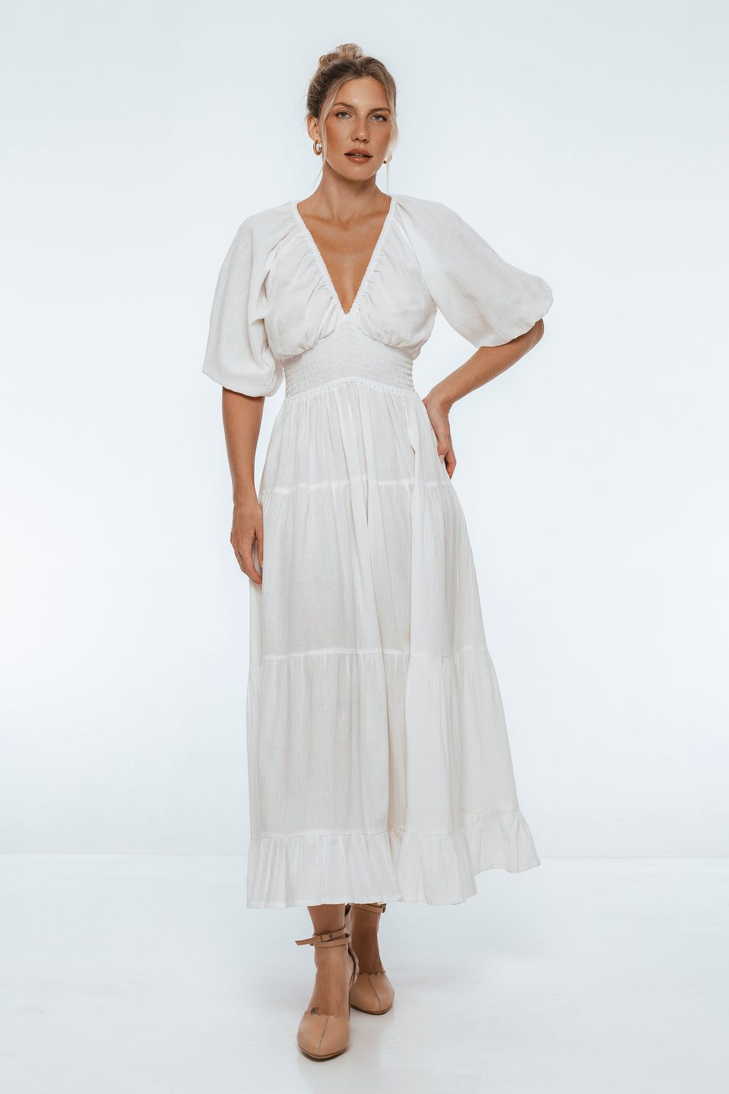 Lucienne Smocked Linen Maxi Dress-4