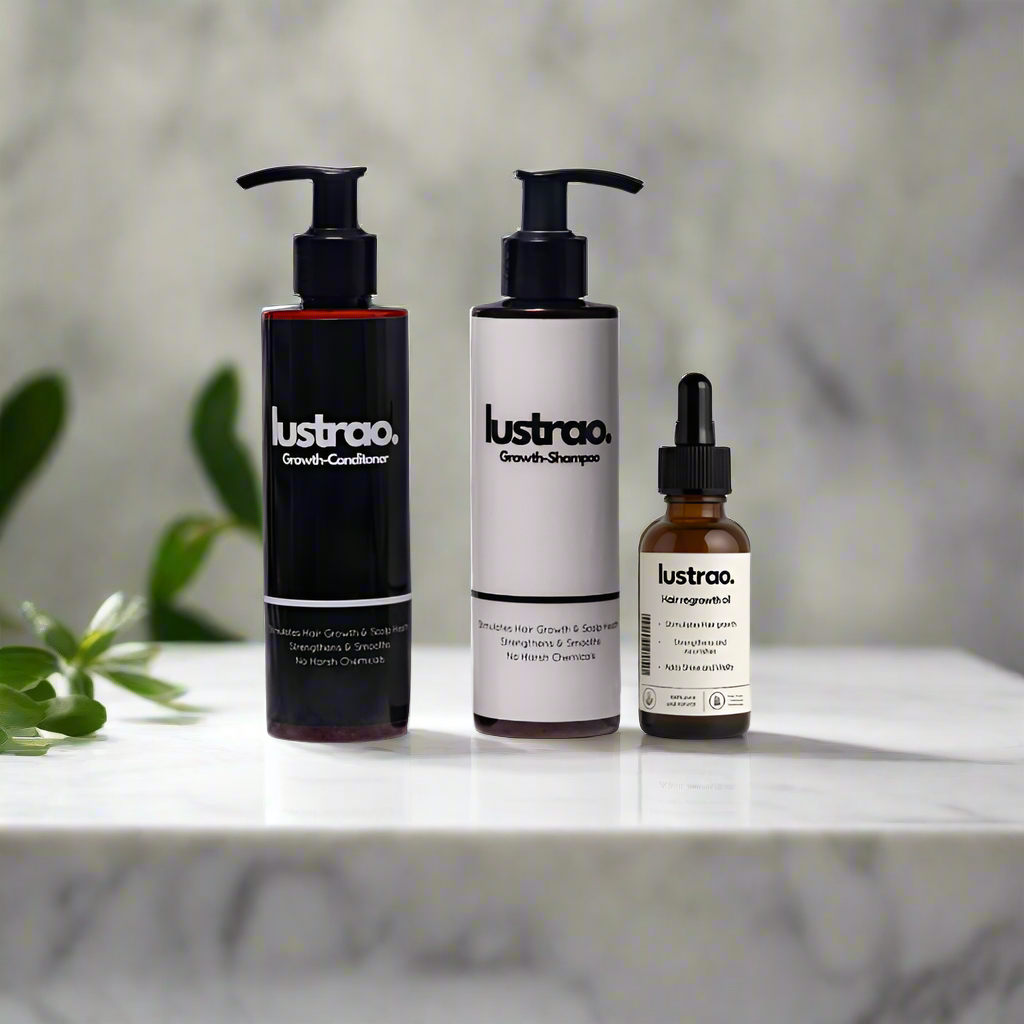 Lustrao hair growth trio set including shampoo, conditioner, and regrowth oil bottles with botanical ingredients. — view 3