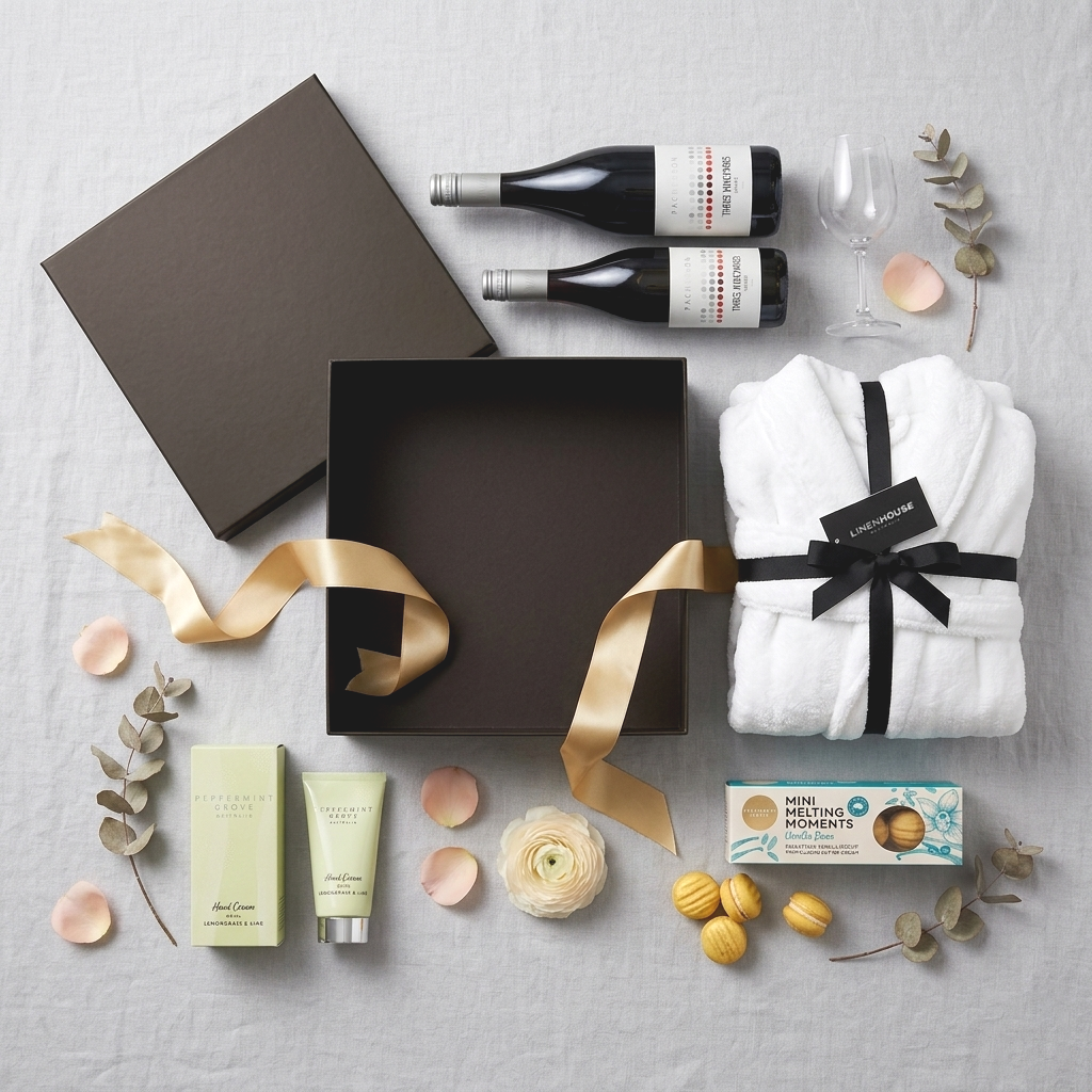 Luxury red wine hamper gift box with bath robe, shiraz bottle, hand cream, and gourmet cookies — view 2