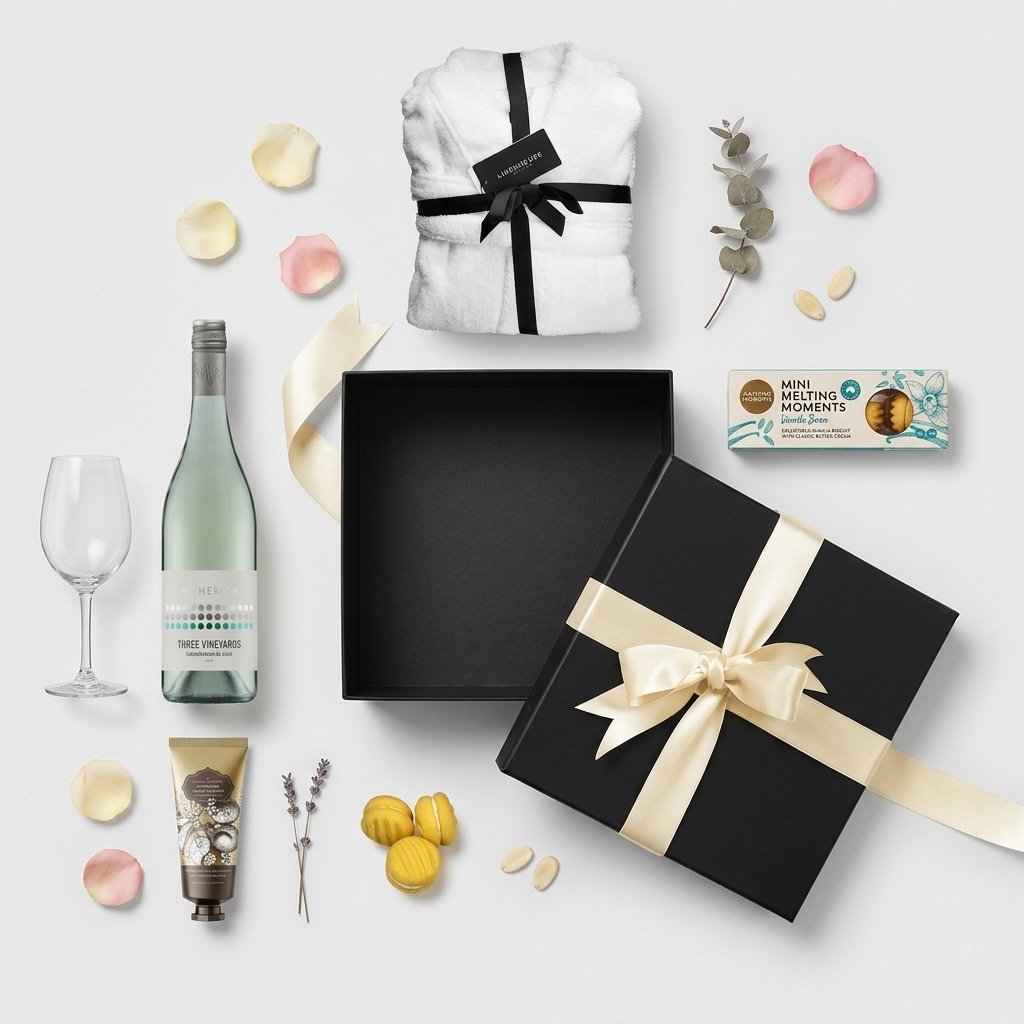 Luxury white wine hamper in black box with plush robe, hand cream, cookies, and wine. — view 2
