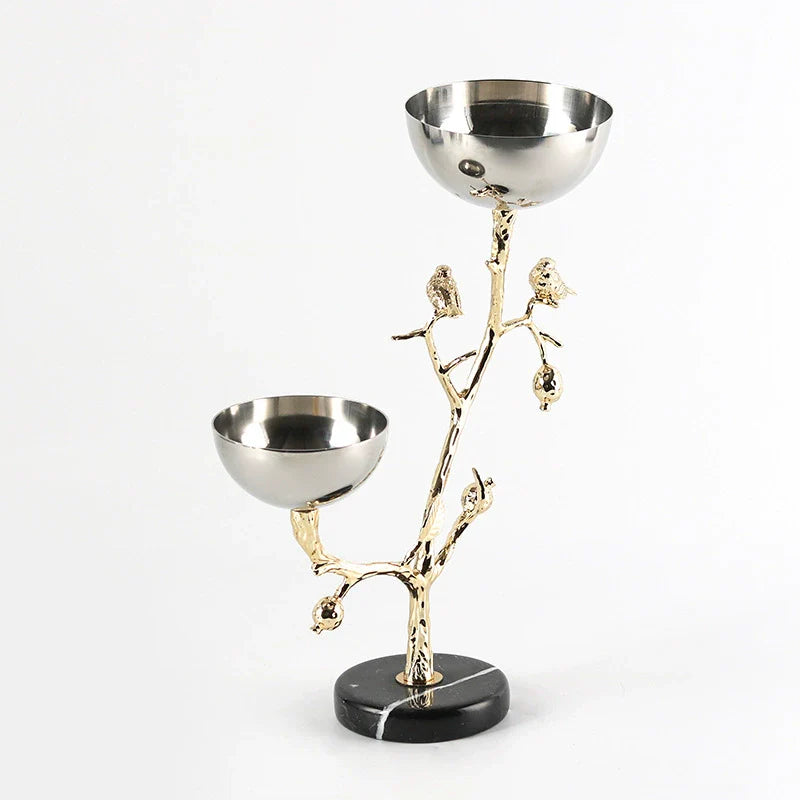 Luxury decorative bowl stand with golden tree bird branches and dual stainless steel serving bowls