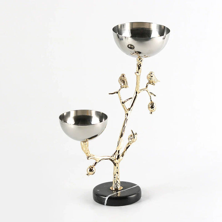 Luxury Bird Branch Decorative Bowl Stand – Dual Stainless Steel Bowls with Golden Tree Design