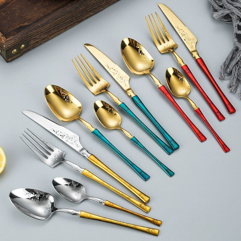 Luxury 304 stainless steel cutlery set with gold mirror finish and elegant green enamel handles
