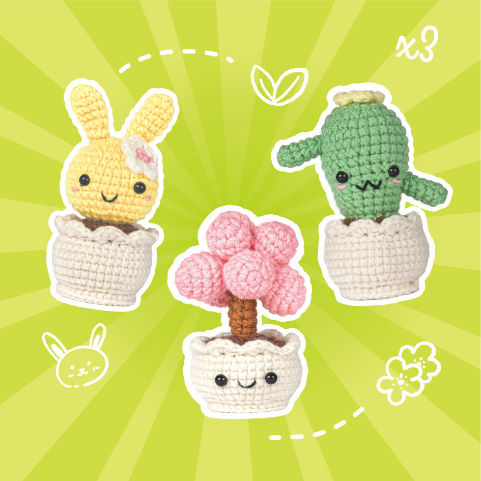 Amigurumi DIY crochet kit with premium yarn, stuffing, hook, and tutorial card in paper bag