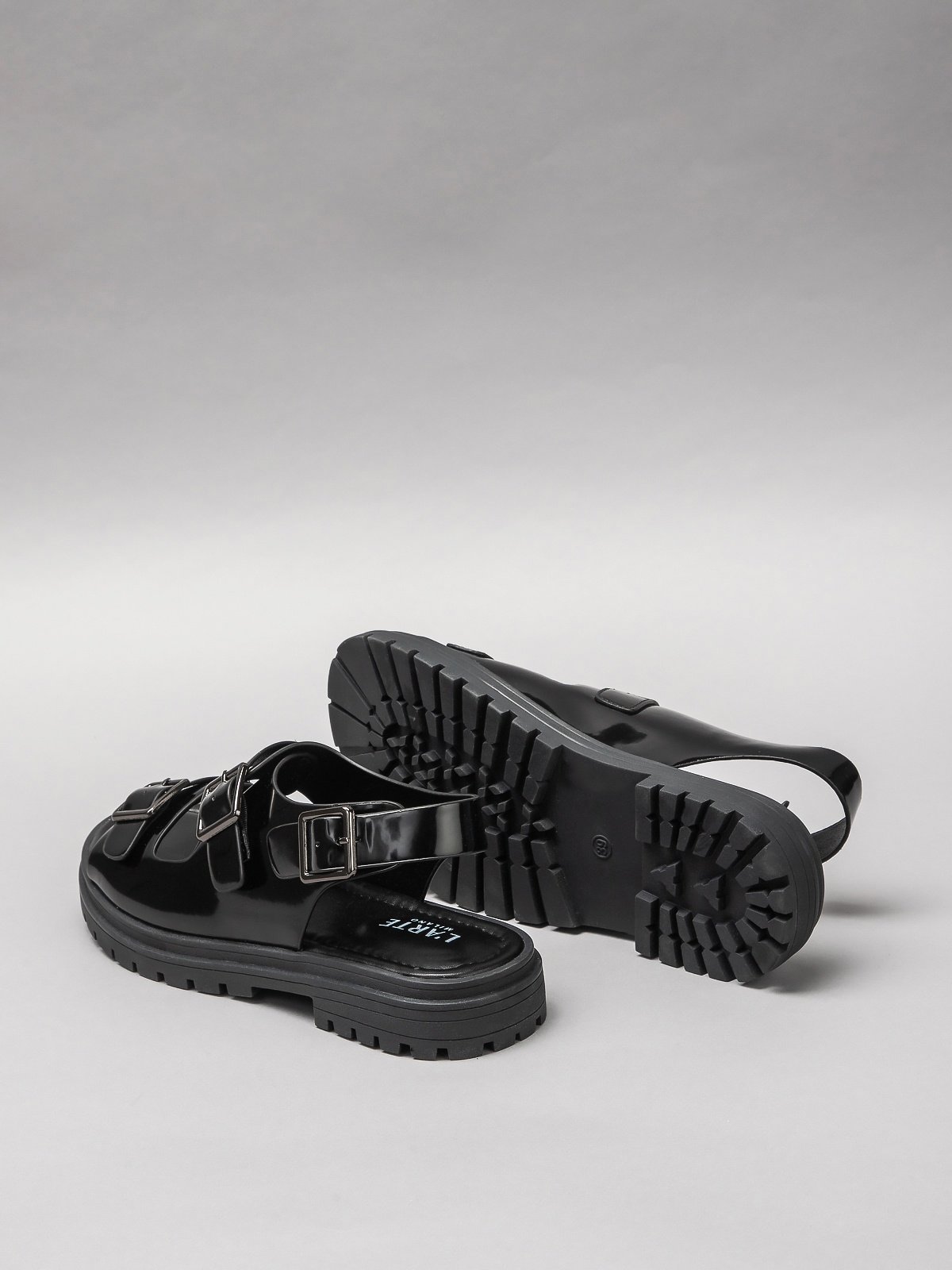 Women's black sandals with minimalist design and durable man-made fibre sole for summer wear — view 3