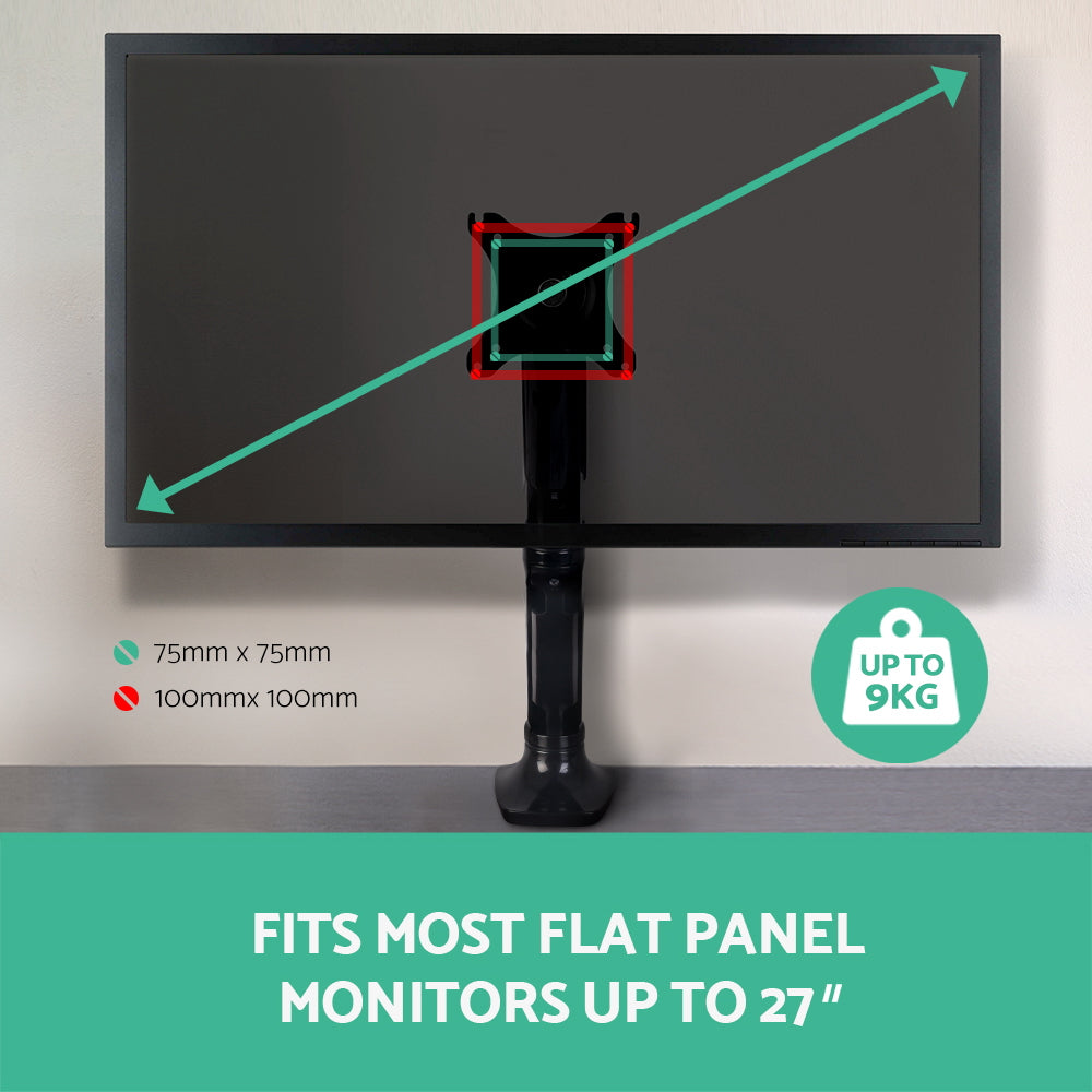 Black aluminum single monitor arm mount with gas spring and VESA bracket — view 2