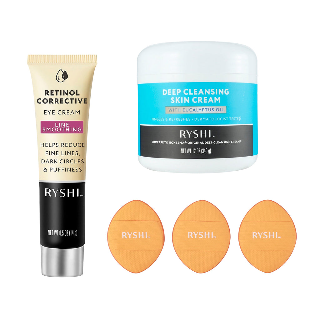 Complete skincare beauty bundle with retinol eye cream, eucalyptus cleansing cream, and finger makeup blenders