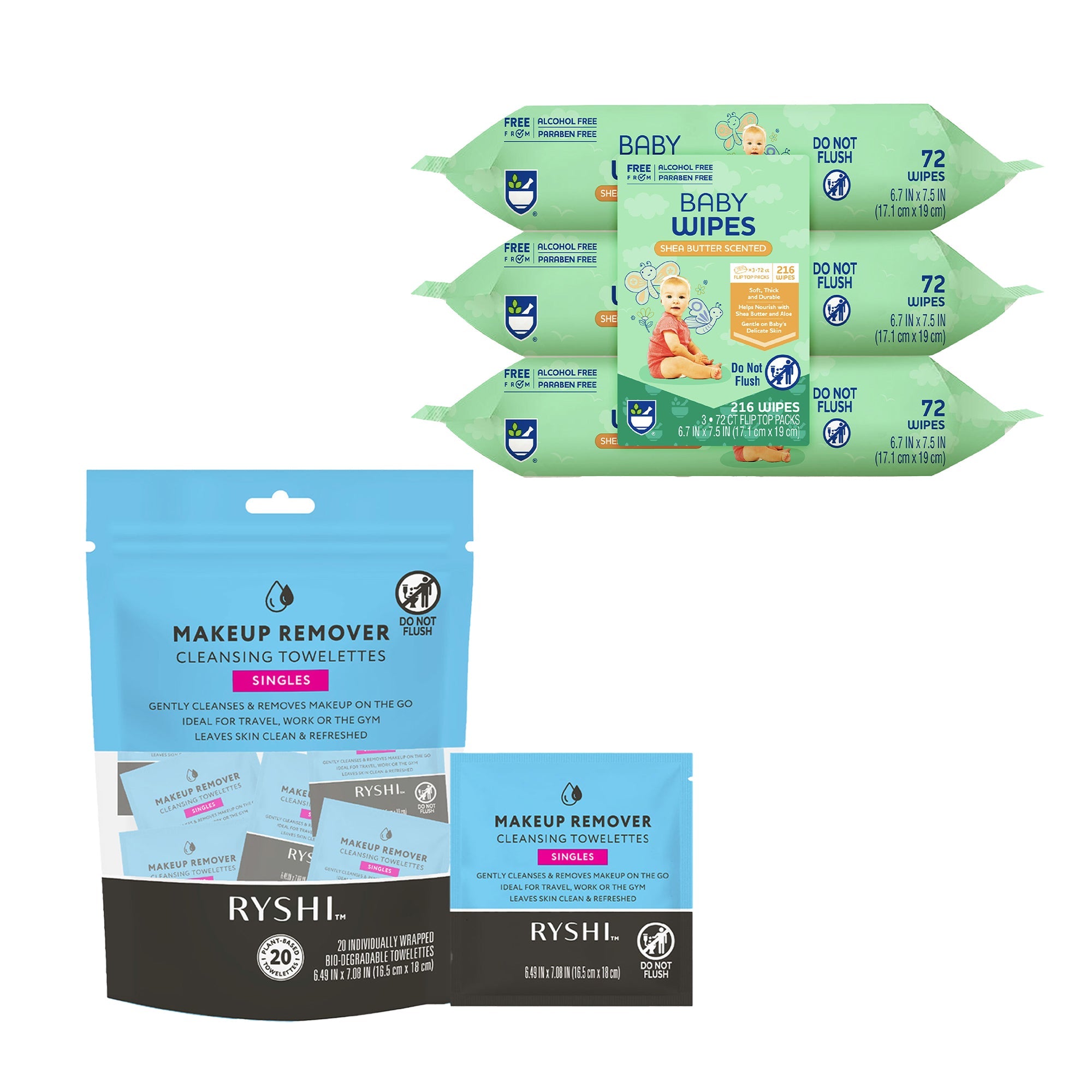 Everyday cleansing wipes bundle featuring resealable baby wipe packs and individually wrapped makeup remover towelettes