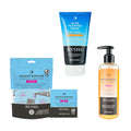 Clear and glow skincare gift set with acne foaming wash, facial cleanser, and makeup wipes