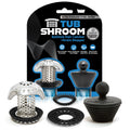 Stainless steel TubShroom Ultra bathtub hair catcher with StopShroom drain plug and sizing adapters