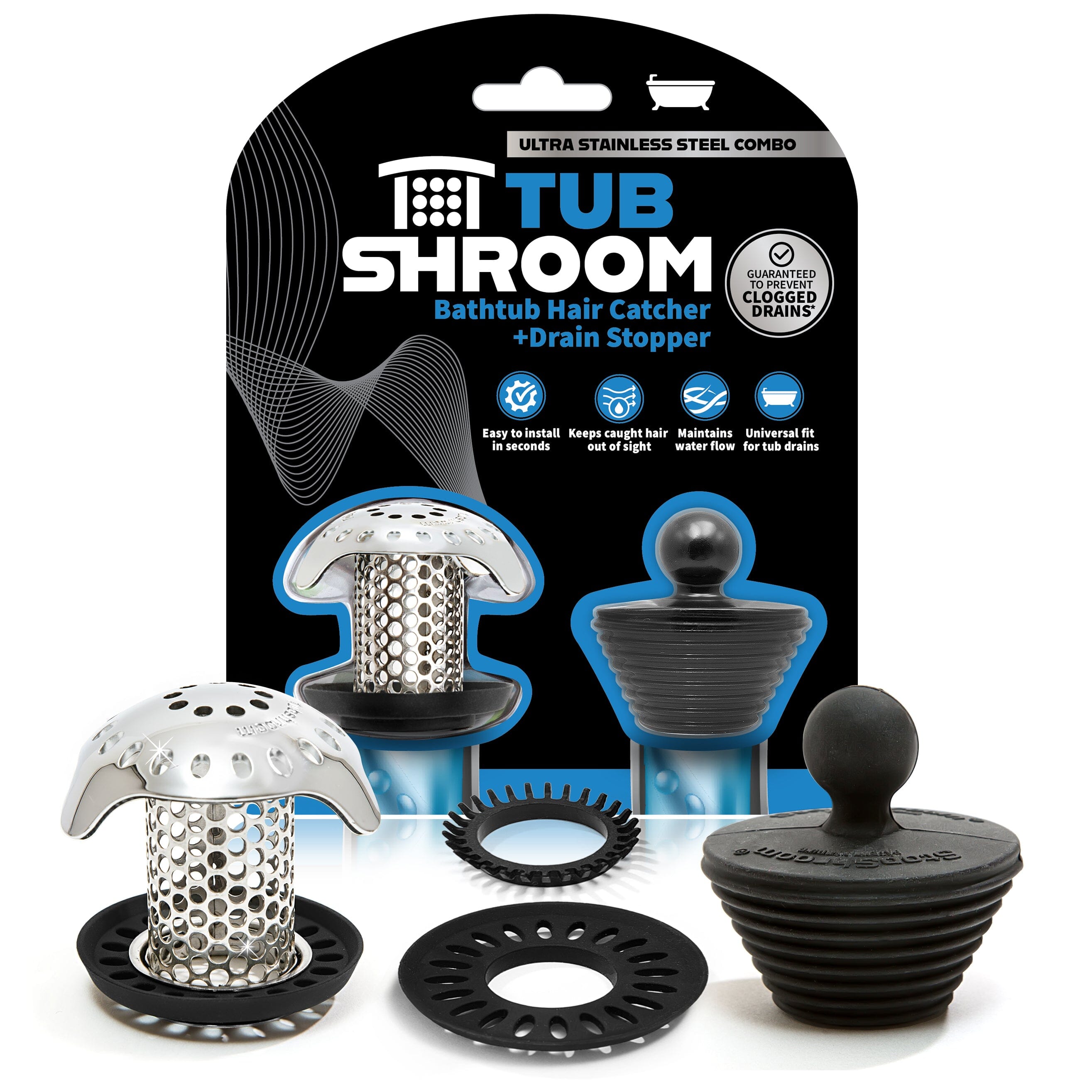 Stainless steel TubShroom Ultra bathtub hair catcher with StopShroom drain plug and sizing adapters