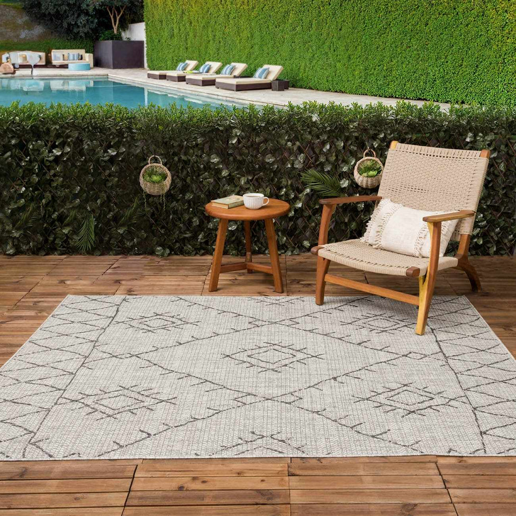 Marwood Nordic bohemian outdoor area rug in black taupe white and charcoal geometric pattern — view 5