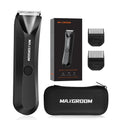 Black waterproof body hair trimmer with ceramic blades and precision LED light