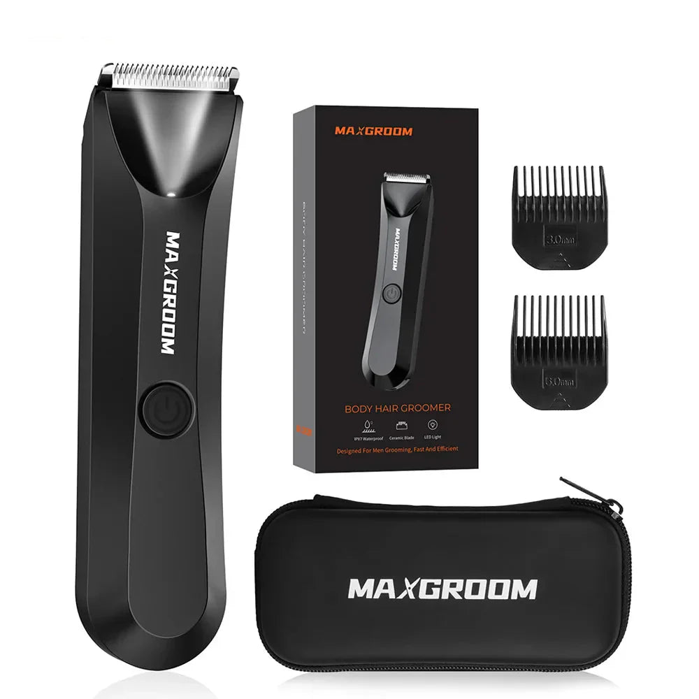 Black waterproof body hair trimmer with ceramic blades and precision LED light