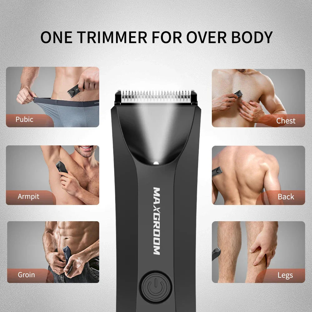 Black waterproof body hair trimmer with ceramic blades and precision LED light — view 2