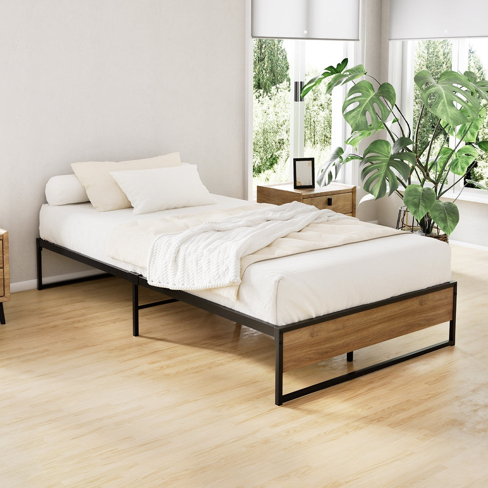 Artiss Oslo king single bed frame featuring black powder-coated metal and dark wood industrial design.