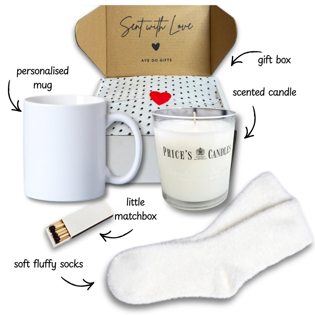 Personalised Grandma gift hamper with custom printed ceramic mug, scented wax candle, matches, and fluffy socks — view 3