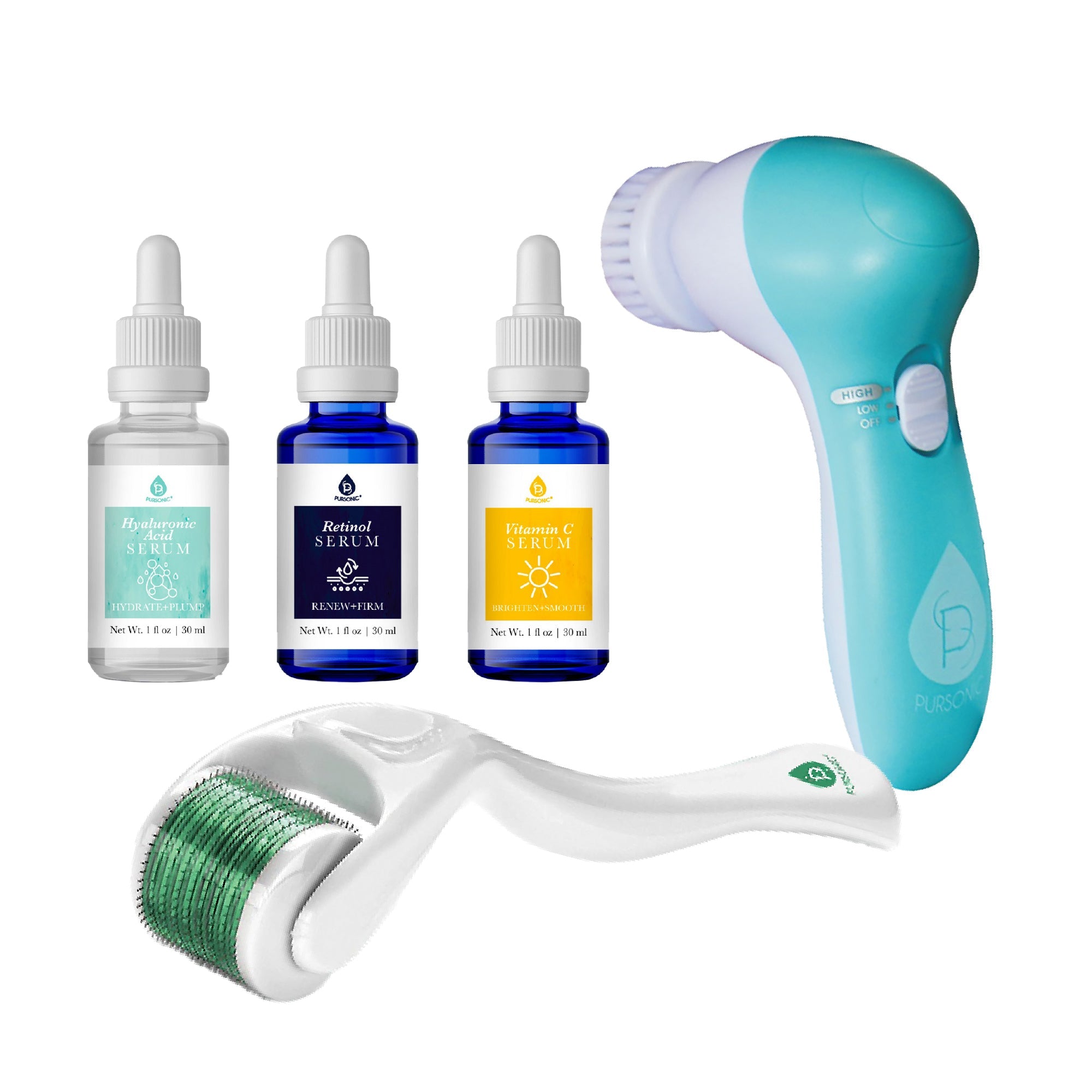 Comprehensive anti-aging skincare bundle with facial cleansing brush, three serums, and micro needle derma roller