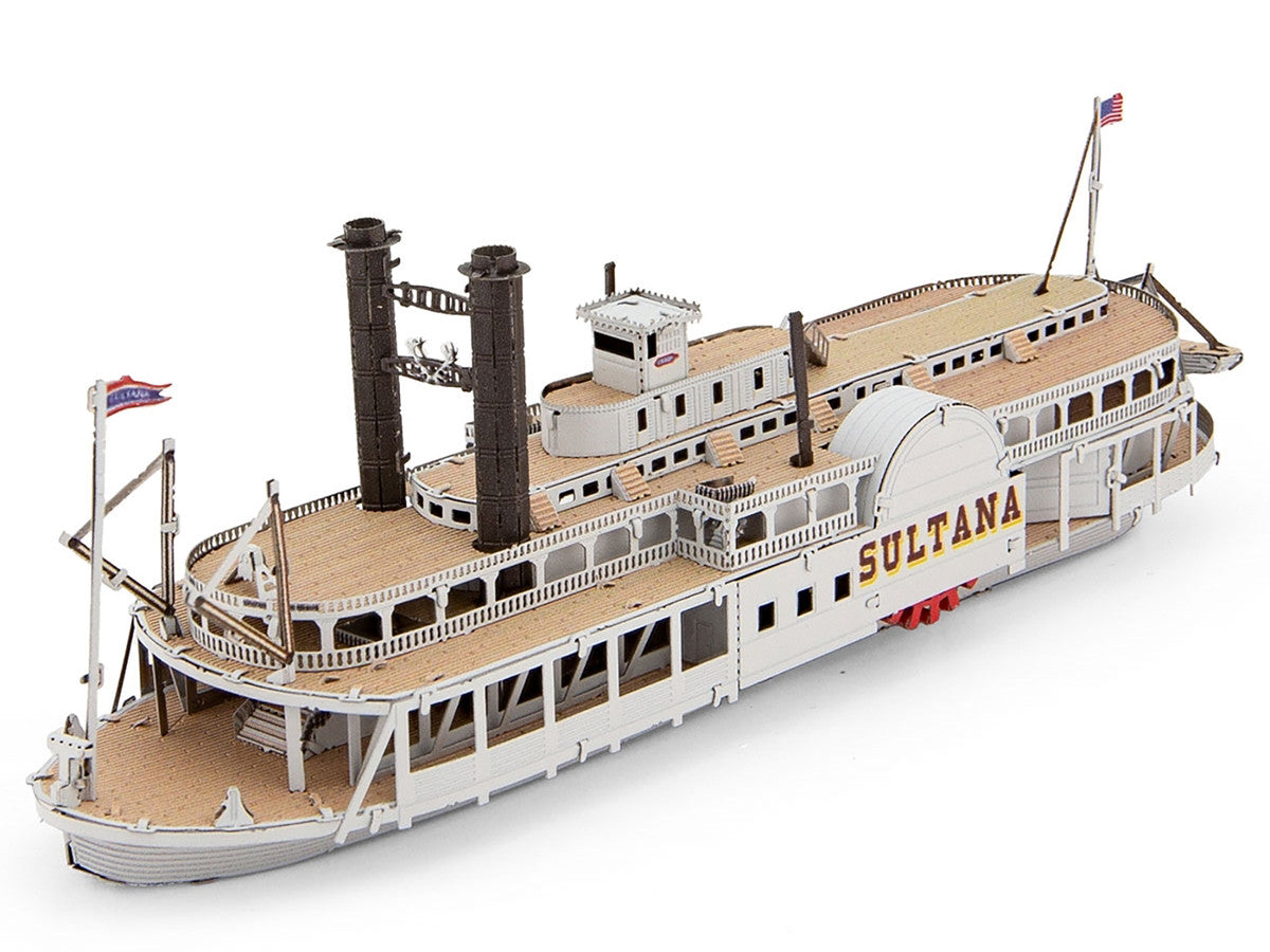 Assembled Sultana Steamboat miniature 3D steel model kit in highly detailed silver metal finish